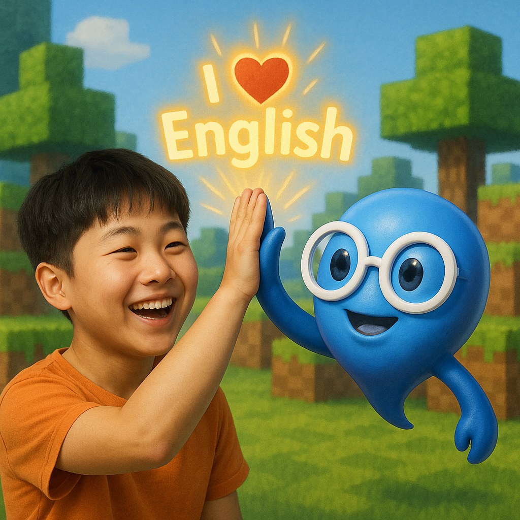 아이가 마인크래프트 배경에서 파란색 AI 친구와 하이파이브하며 'I Love English'라고 표현하는 즐거운 모습
