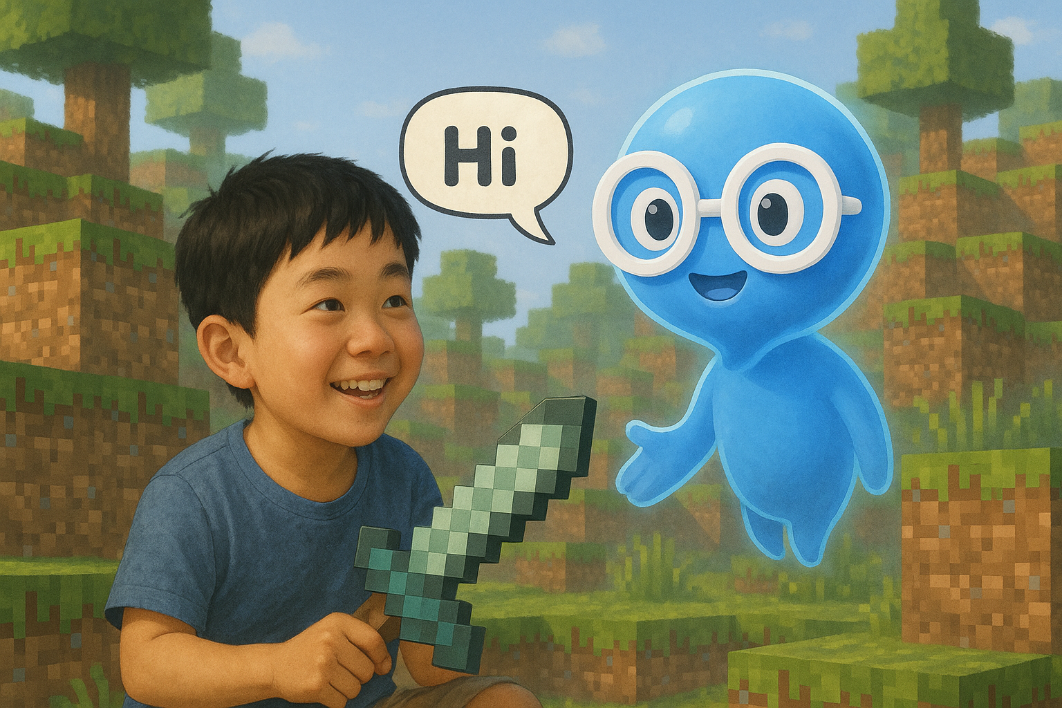 아이가 마인크래프트 다이아몬드 검을 들고 AI 친구와 인사하며 영어를 배우는 모습