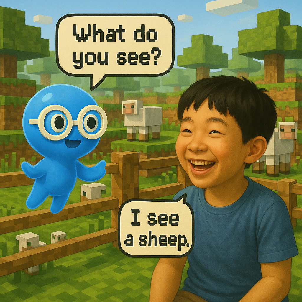 아이가 AI 친구와 영어로 대화하며 마인크래프트 양을 가리키는 모습