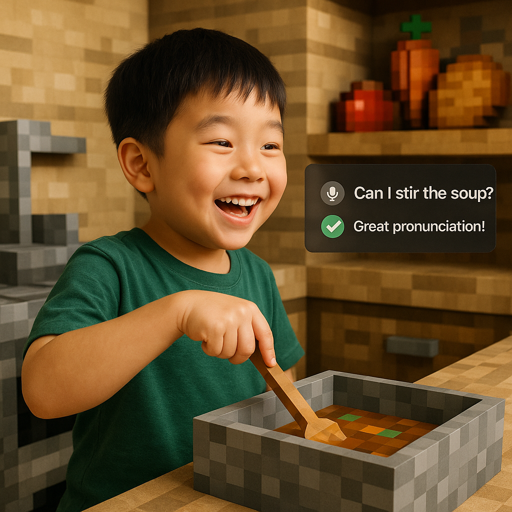 아이가 마인크래프트에서 영어로 말하며 실시간 발음 피드백을 받는 모습